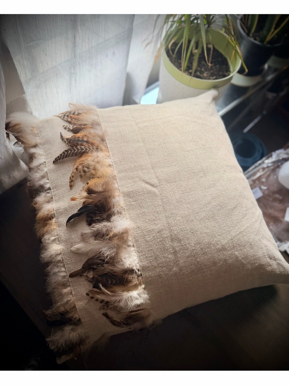 DECORUM | Large 24" | Feathers Oat Linen Down Throw Accent Pillow Euro Set Pair